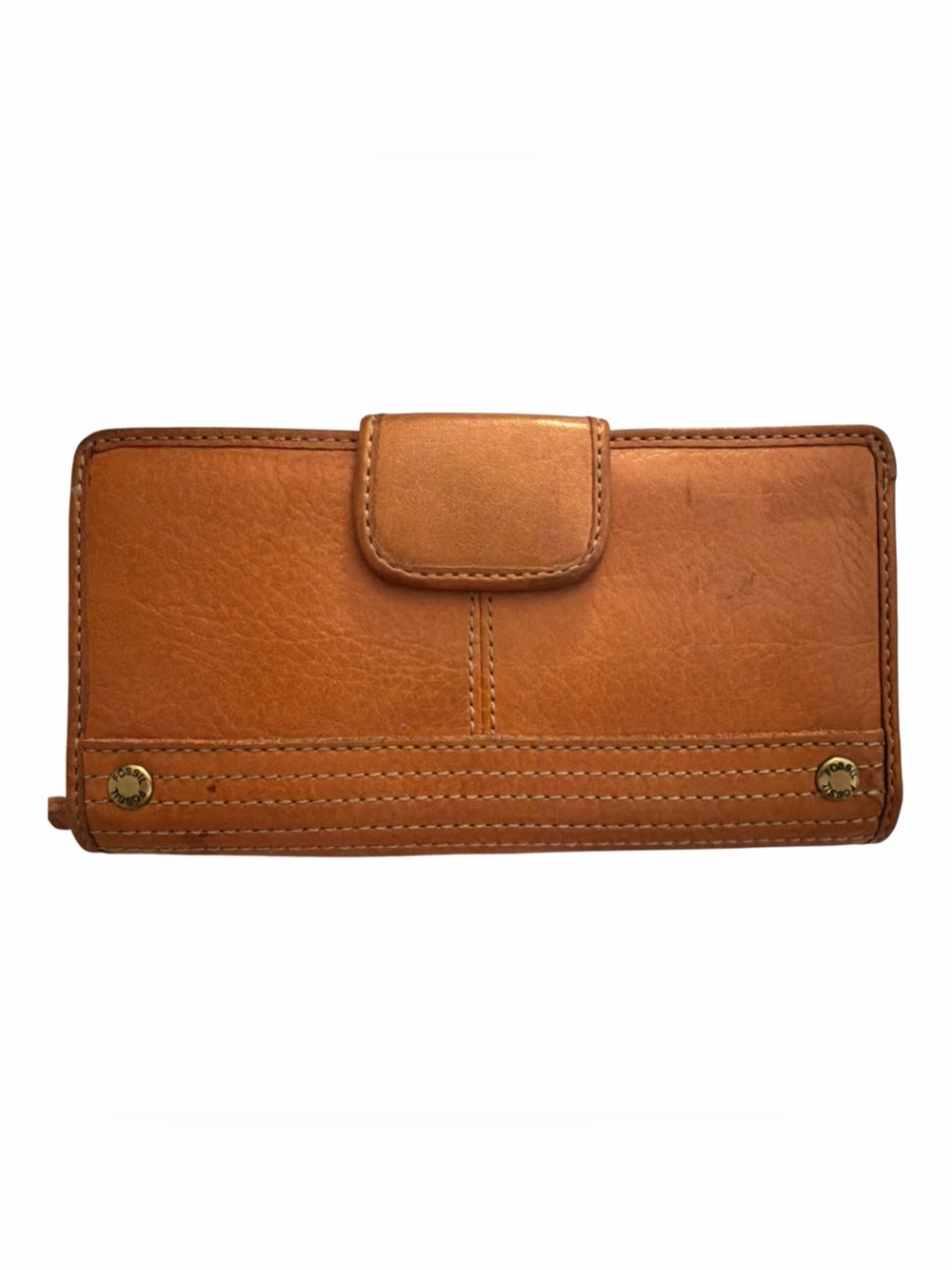 Fossil Cognac Leather Wallet with Brass Logo Stud